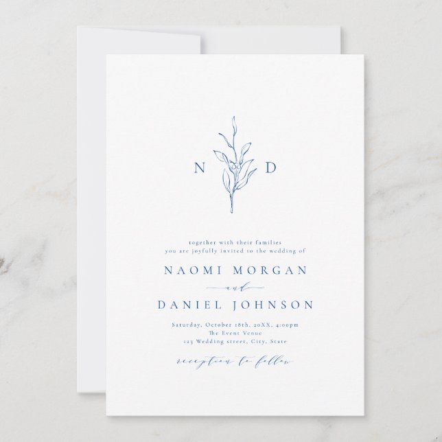 Invitación Boda rústico de monograma botánico de elegancia az (Anverso)