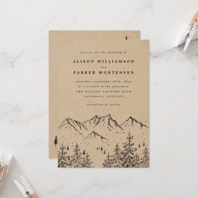 Invitación Boda Rústico de Montañas Kraft y Pinas (Anverso/Reverso In Situ)