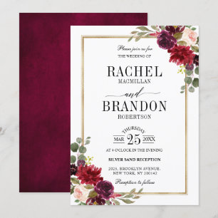 Invitación Boda Rústico de Oro Floral de Borgoña