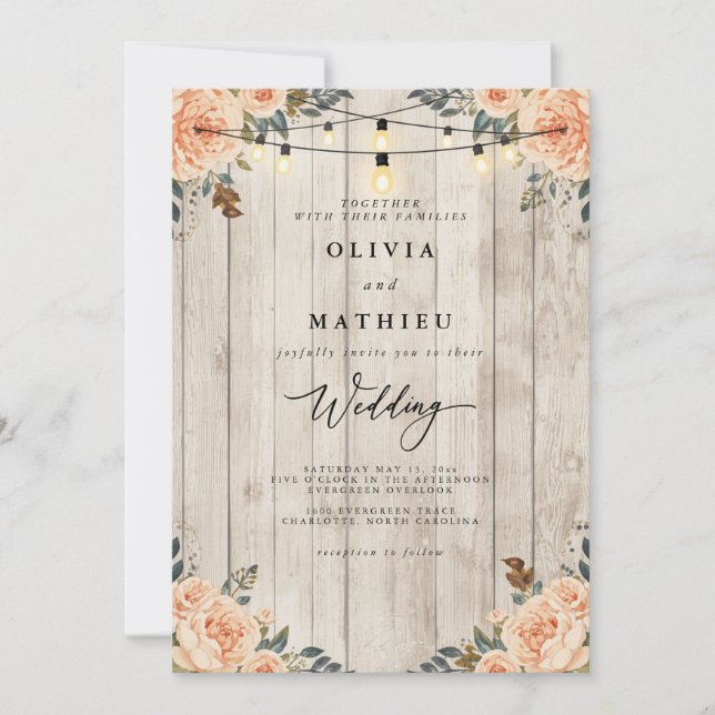 Invitación Boda Rústico de Peach Floral String (Anverso)