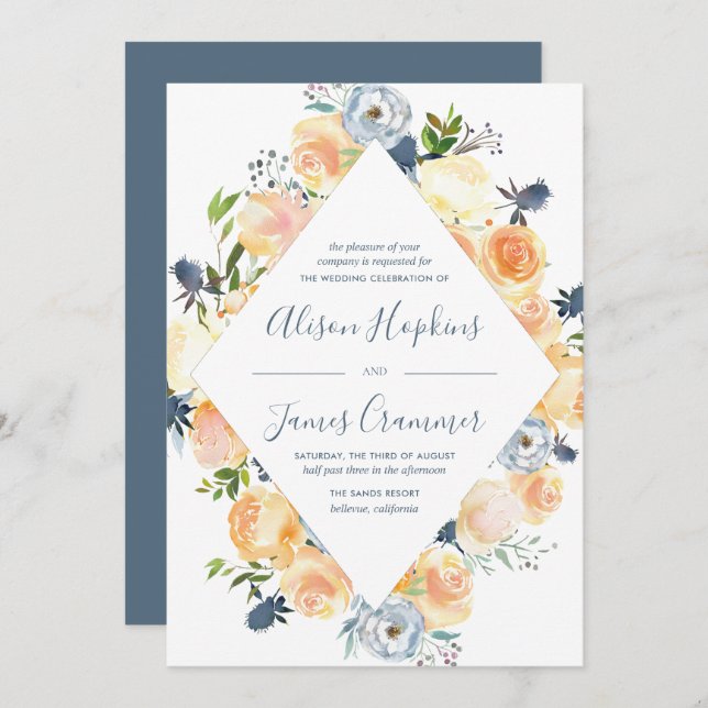 Invitación Boda Rústico de Peach y White Peony (Anverso / Reverso)