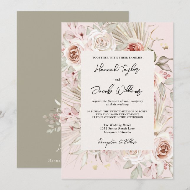 Invitación BODA Rústico de PInk Floral Boho (Anverso / Reverso)