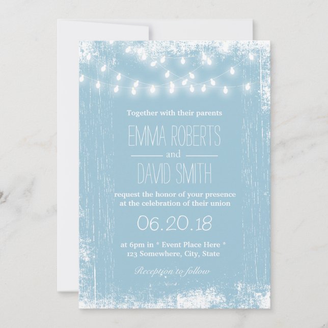 Invitación Boda Rústico de Rayas Azules de Luz Azul (Anverso)