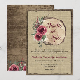 Invitación Boda Rústico de rebanado de árbol de borgoña de ma