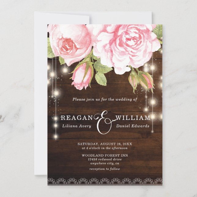 Invitación Boda Rústico de Rosas de madera de String Lights (Anverso)