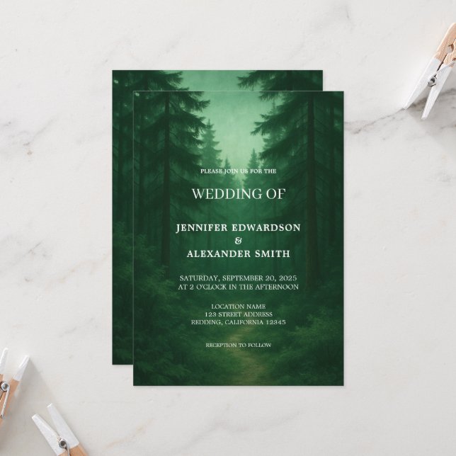 Invitación Boda rústico de selva verde oscuro (Anverso/Reverso In Situ)