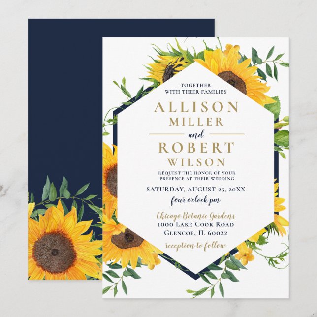 Invitación Boda Rústico de Sunflower Azul de la Marina de col (Anverso / Reverso)