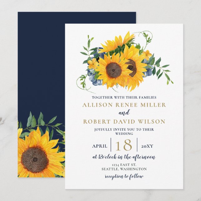 Invitación Boda Rústico de Sunflower Azul de la Marina de col (Anverso / Reverso)