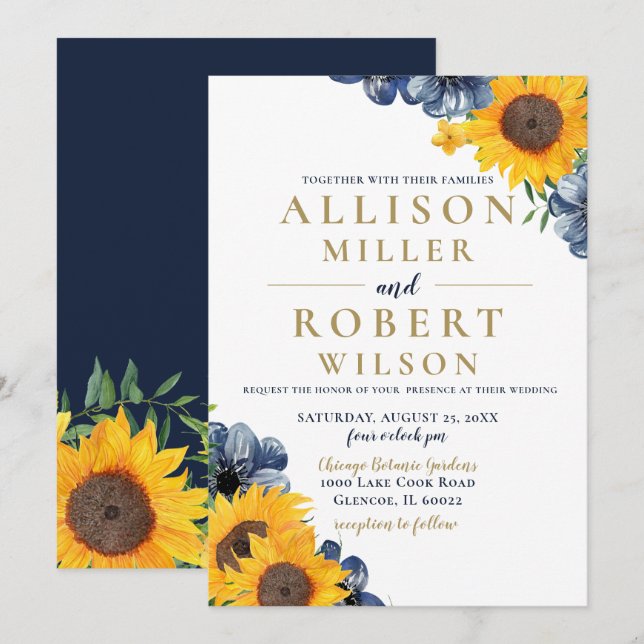 Invitación Boda Rústico de Sunflower Azul de la Marina de col (Anverso / Reverso)