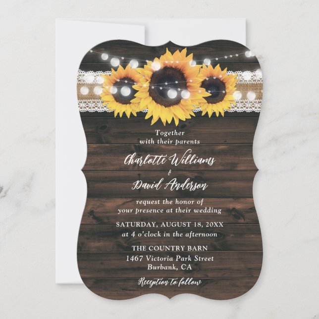 Invitación Boda Rústico de Sunflower Wood Burlap Lace (Anverso)
