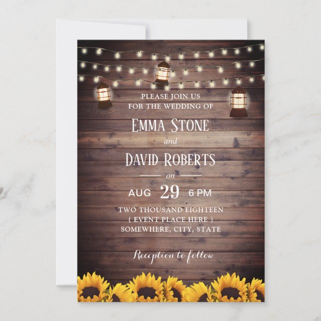 Invitación Boda Rústico de Sunflowers Lantern y String Lights (Anverso)
