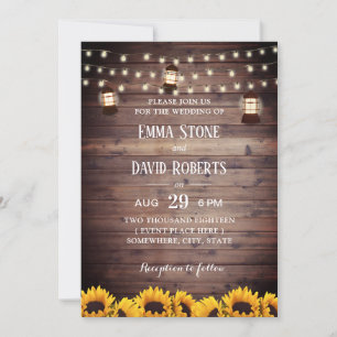 Invitación Boda Rústico de Sunflowers Lantern y String Lights