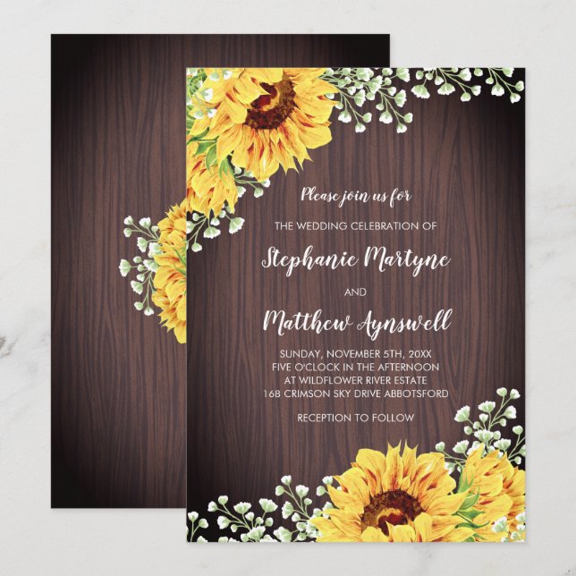 Invitación Boda Rústico de Sunflowers White Floral Wood (Anverso / Reverso)