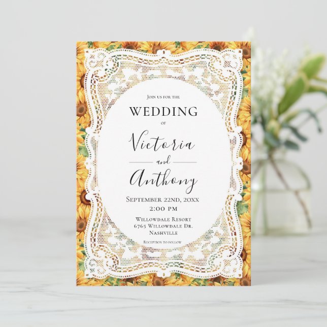Invitación Boda Rústico de Sunflowers White Lace (Anverso de pie)