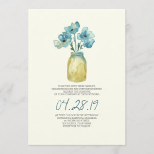Invitación boda rústico de tarro de masón azul acuarela