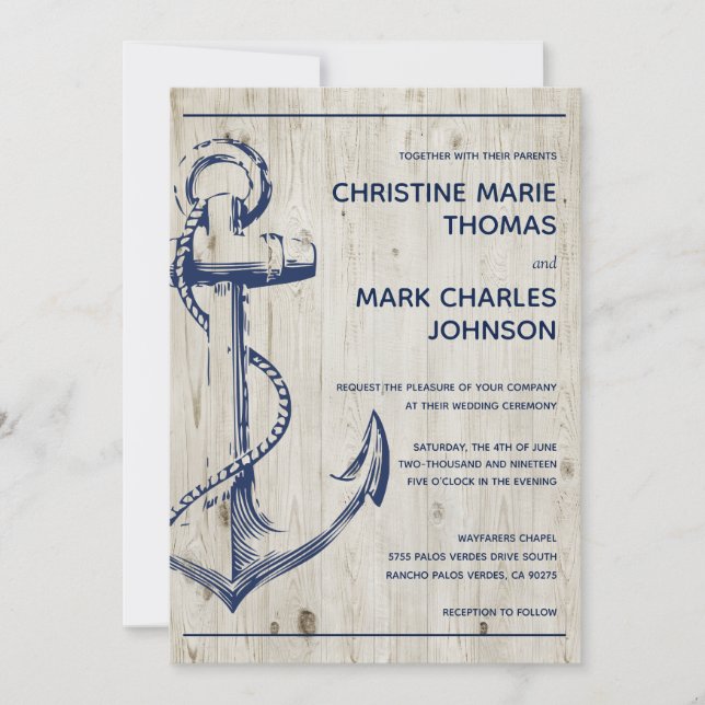 Invitación Boda Rústico del Ancla de Esbozo Náutico de la Mar (Anverso)