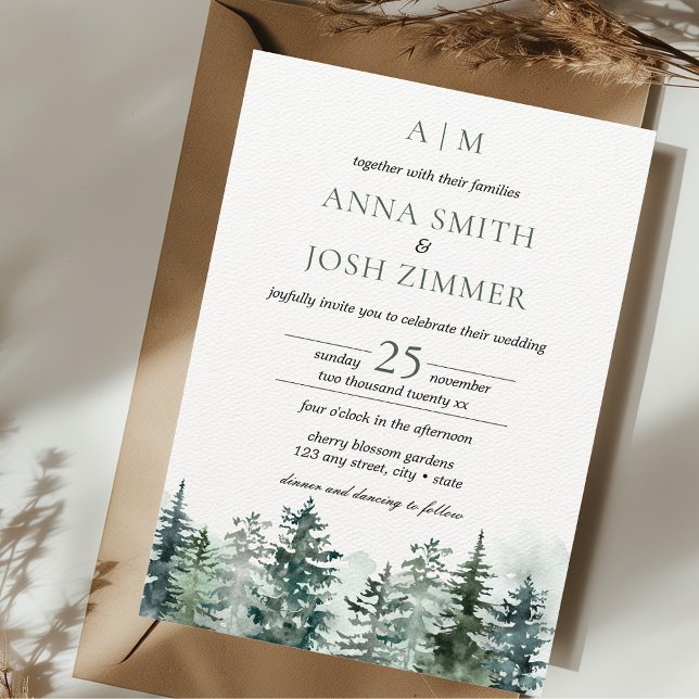 Invitación Boda Rústico del bosque acuático de pinos (Pine Tree Forest Wedding Invitation Outdoor Mountain Lakeside Nature Cosy Rustic Green Unique)