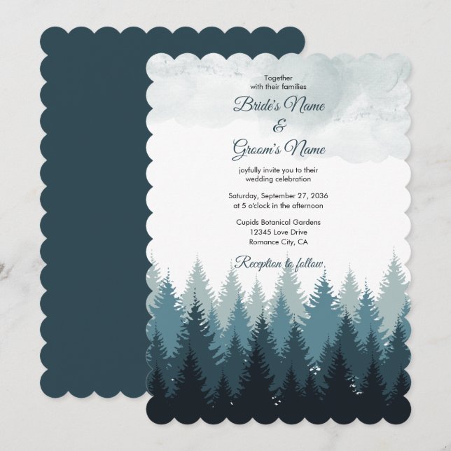 Invitación Boda Rústico del bosque acuático del árbol del pin (Anverso / Reverso)