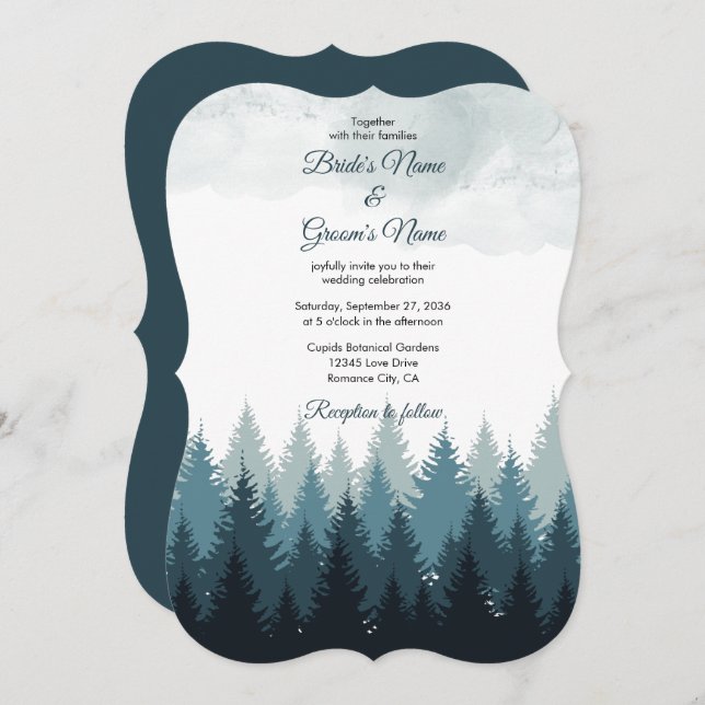 Invitación Boda Rústico del bosque acuático del árbol del pin (Anverso / Reverso)