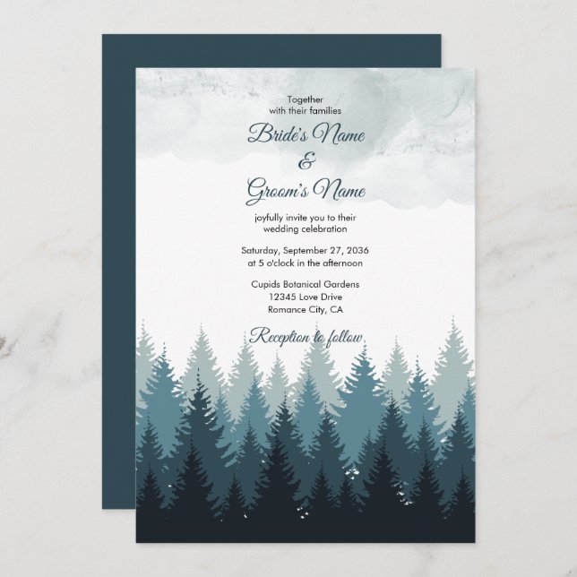 Invitación Boda Rústico del bosque acuático del árbol del pin (Anverso / Reverso)