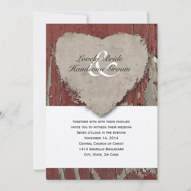 Invitación Boda Rústico del Corazón del País Madera Roja (Anverso)