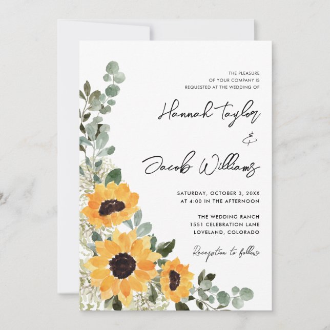Invitación Boda Rústico del Eucalyptus del Girasol (Anverso)