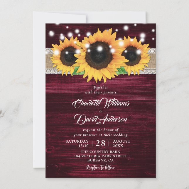Invitación Boda Rústico del Girasol Amarillo (Anverso)