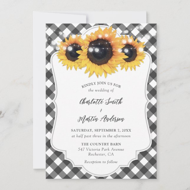 Invitación Boda Rústico del Girasol de Gingham Blanco y Negro (Anverso)