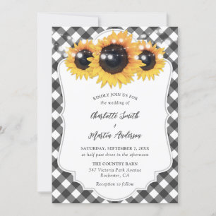 Invitación Boda Rústico del Girasol de Gingham Blanco y Negro