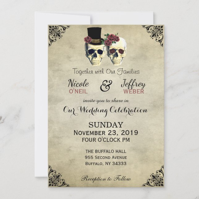 Invitación Boda Rústico del Gótico de cráneo de novia y Groom (Anverso)