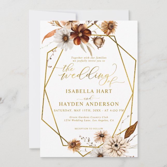 Invitación Boda Rústico Del Marco De Oro De Boho Terracotta F (Anverso)