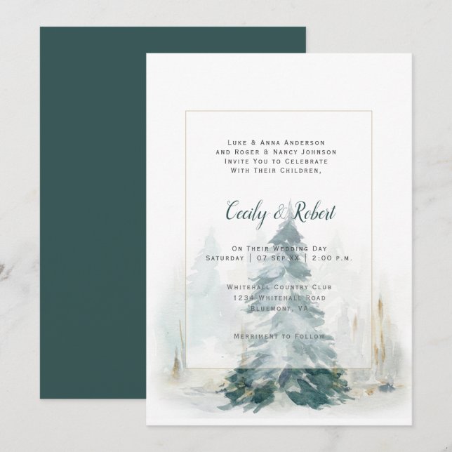 Invitación Boda Rústico del paisaje de la nieve de los pinos  (Anverso / Reverso)