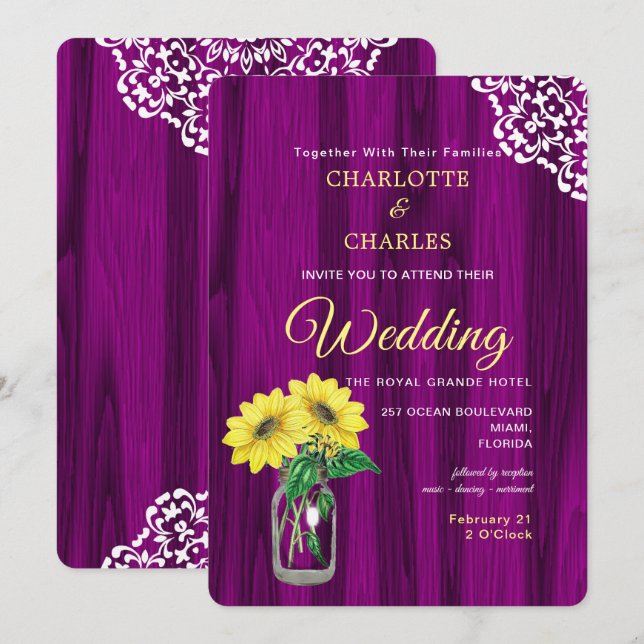Invitación Boda Rústico del Sunflower Mason Jar (Anverso / Reverso)