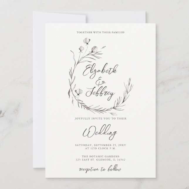 Invitación Boda Rústico Elegante De Esbozo Floral (Anverso)