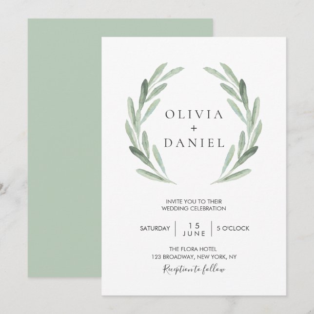 Invitación Boda rústico elegante de hojas de oliva Wreath Gre (Anverso / Reverso)