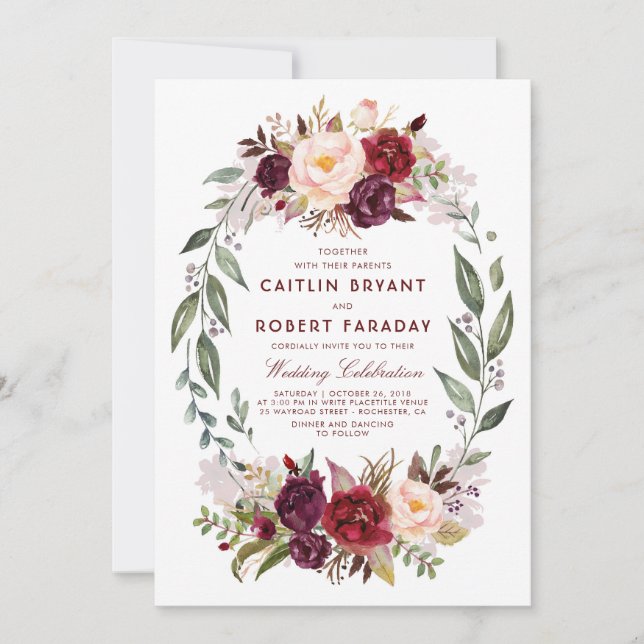 Invitación Boda Rústico Elegante de la floral roja de Borgoña (Anverso)