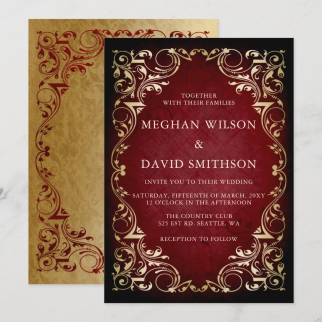 Invitación Boda Rústico Elegante Ornamental Red Gold (Anverso / Reverso)