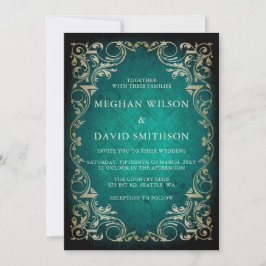 Invitación Boda Rústico Elegante Ornamental Verde Oro