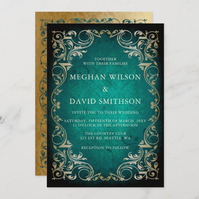 Invitación Boda Rústico Elegante Ornamental Verde Oro (Anverso / Reverso)