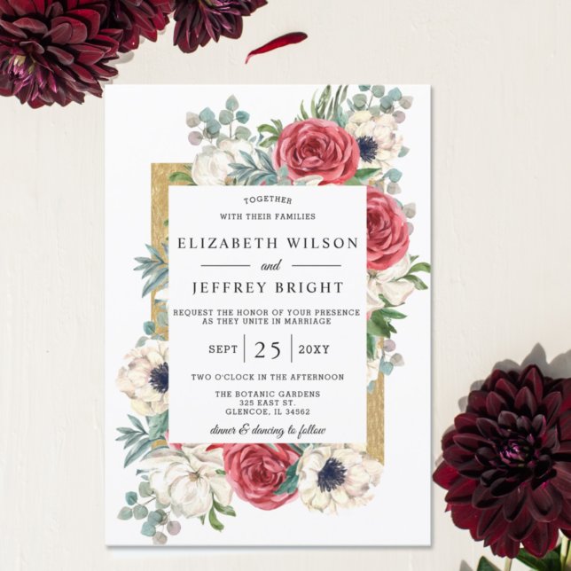 Invitación Boda Rústico Elegante Rojo y Dorado Floral Blanco (Subido por el creador)