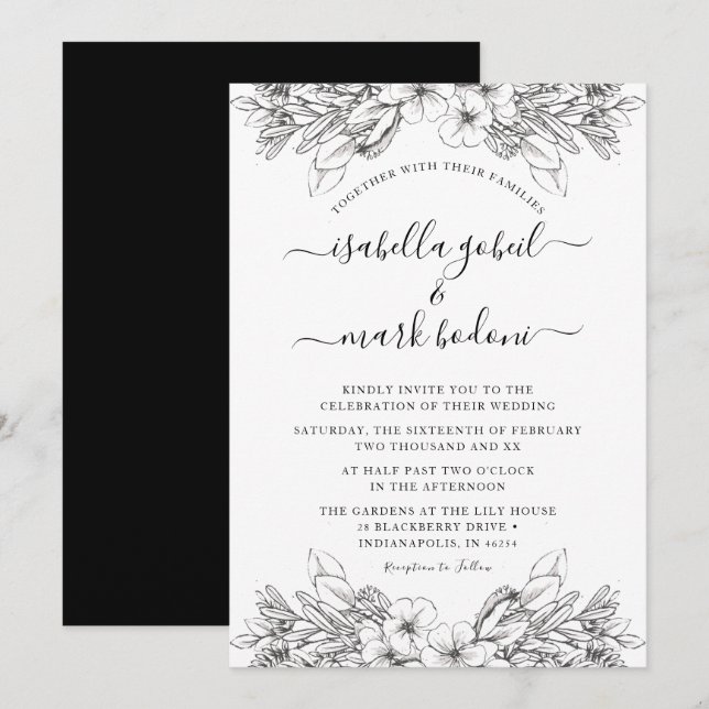 Invitación Boda Rústico Esbozado Floral Blanco y Negro (Anverso / Reverso)