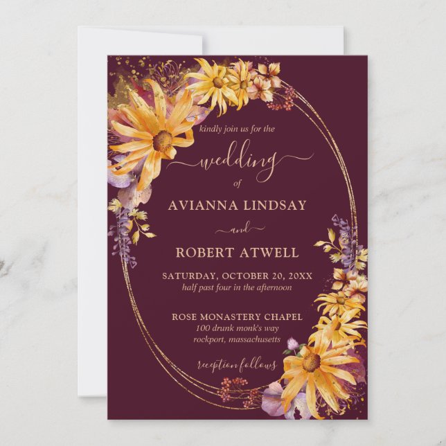 Invitación Boda Rústico Fall Sunflower Floral Burgundy Gold (Anverso)
