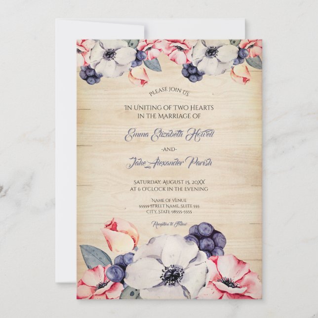Invitación Boda Rústico Flor de Arándano de Madera Clara (Anverso)