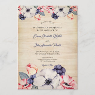 Invitación Boda Rústico Flor de Arándano de Madera Clara