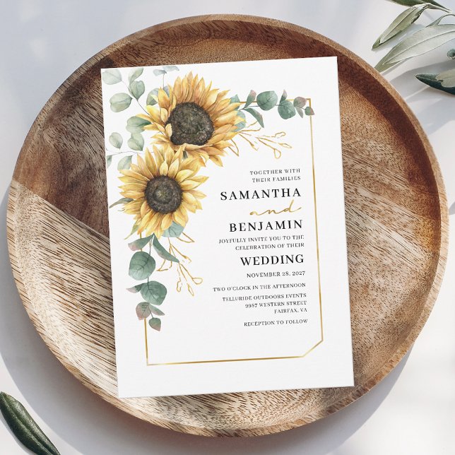 Invitación Boda Rústico Floral de Eucalipto de girasol (Floral Sunflower Eucalyptus First Names Wedding Invitation)