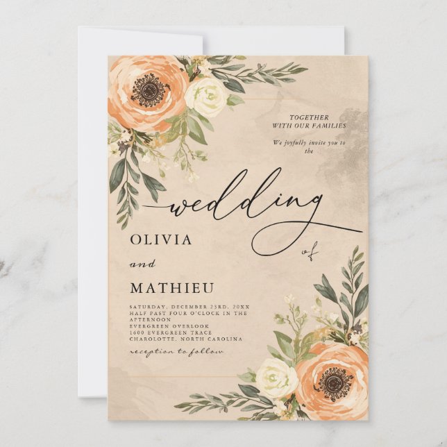 Invitación Boda Rústico Floral De Peach Cálido (Anverso)