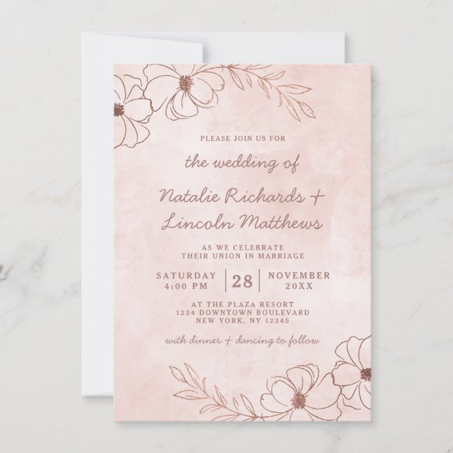 Invitación Boda Rústico Floral de Relieve metalizado dorado r (Anverso)