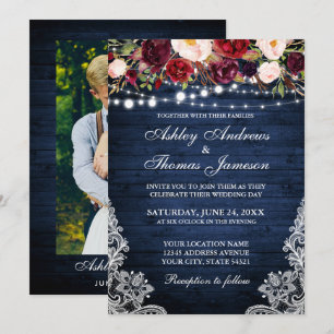 Invitación Boda Rústico Floral Lace Blue Wood Photo