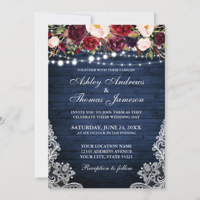 Invitación Boda Rústico Floral Lace Luz de Madera Azul (Anverso)