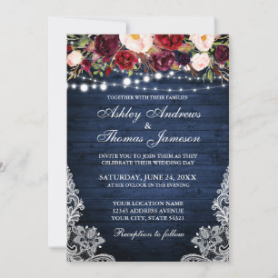 Invitación Boda Rústico Floral Lace Luz de Madera Azul